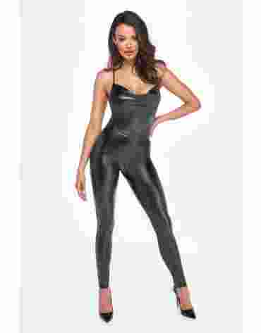 Noir Handmade F306 Mirage catsuit with jewelry rhinestone chain adorning the back S