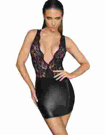 F214 Powerwetlook and lace minidress with deep neckline on the back S