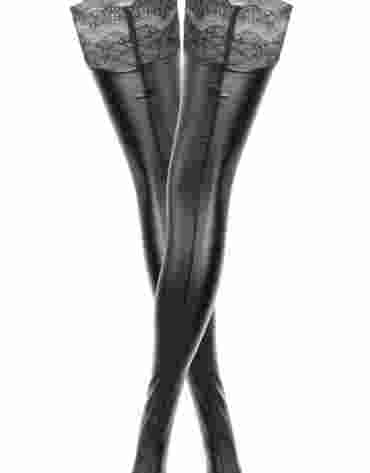 F135 Powerwetlook stockings with siliconed lace XL
