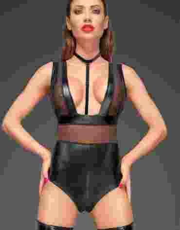 F183 Powerwetlook body with wide straps, tulle inserts and velvet choker M