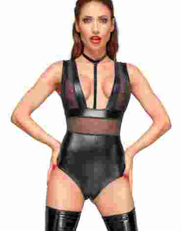 F183 Powerwetlook body with wide straps, tulle inserts and velvet choker XL