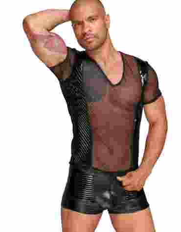H055 Tulle men's shirt with decorative PVC pleats in the front XL