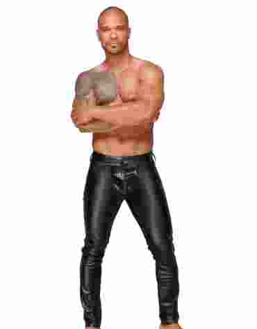 H051 Powerwetlook men's trousers with decorative PVC pleats M