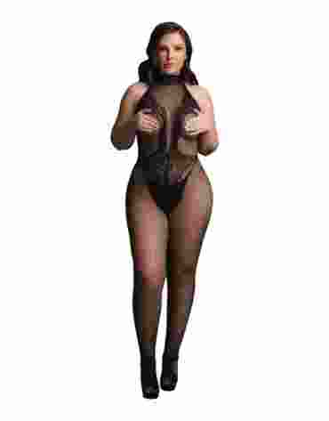 Le Désir Fishnet and Lace Bodystocking Black OSX