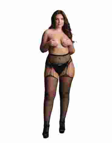Le Désir Suspender Rhinestone Pantyhose Black OSX