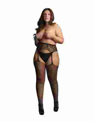 Le Désir Fishnet and lace garterbelt stockings Black OSX
