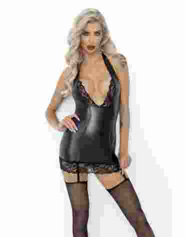 Noir Handmade F280 Powerwetlook mini-dress with lace trim XL