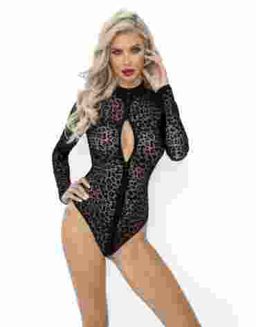 Noir Handmade F287 Leopard flock bodysuit with long sleeves L