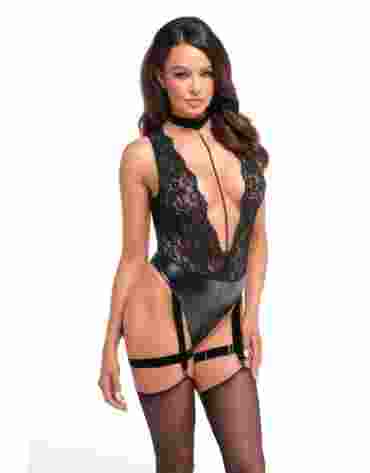 Noir Handmade F297 Libido Deep-V bodysuit with collar, pearl chain and garter L