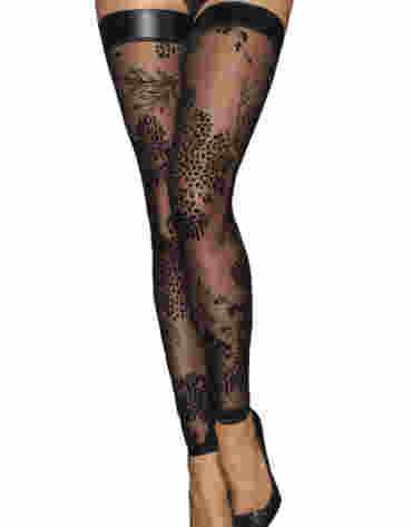 Tiulowe pończochy samonośne Noir Handmade F243 Tulle stockings with patterned flock embroidery and Powerwetlook band at the top XL