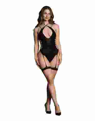 Le Désir Metis XVI - Body with Garters Crossed Neckline Black OS