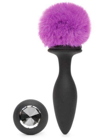 Wibrująca Zatyczka Z Ogonkiem I Kryształkiem Vibrating Butt Plug Black Medium Happy Rabbit
