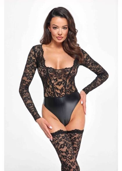Body F296 Psyche bodysuit of lace and wetlook XL Noir Handmade