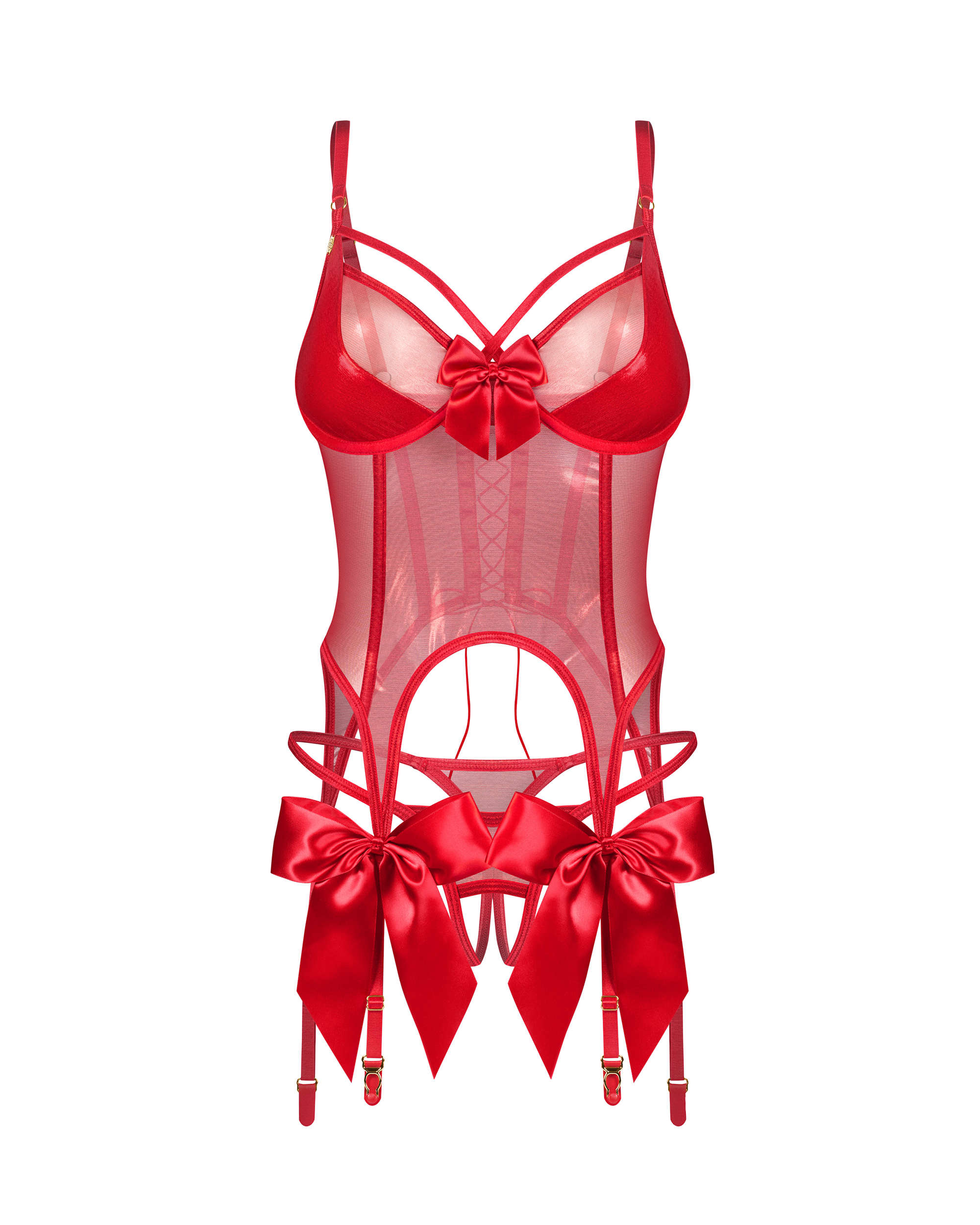 Czerwony komplet z kokardą: Efekt klepsydry Obsessive L/XL 2 Gorset i stringi Gifty Red L/XL Obsessive
